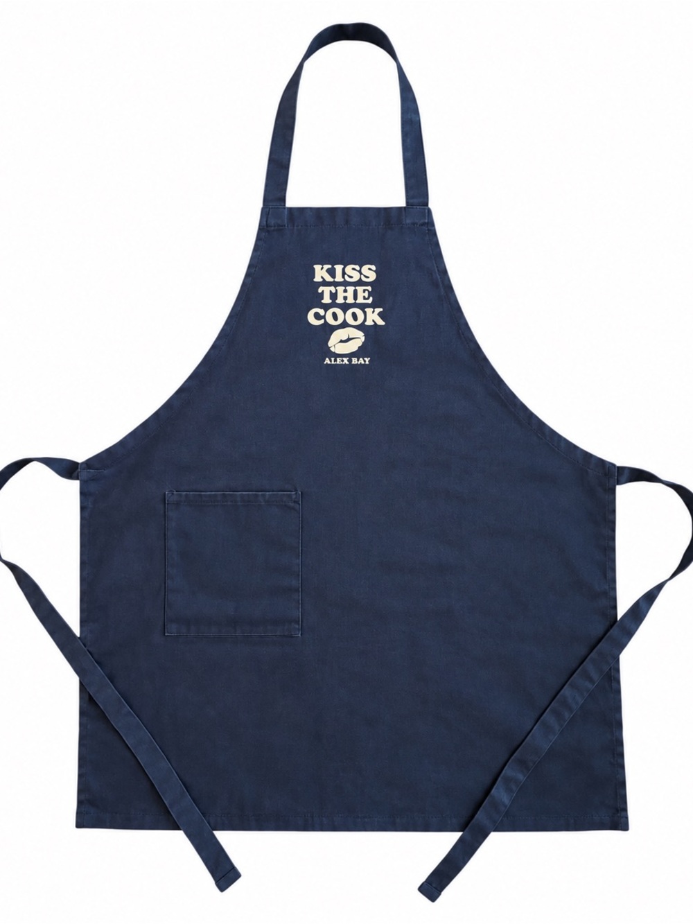 Navy 'Kiss the Cook' Cotton Apron, Approximately: 29” wide × 33” long